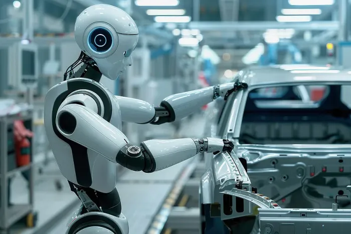 Framed Print : AI generated image of a Futuristic humanoid robot working in a car assembly production line Framed Print : AI generated image of a Futuristic humanoid robot working in a car assembly production line