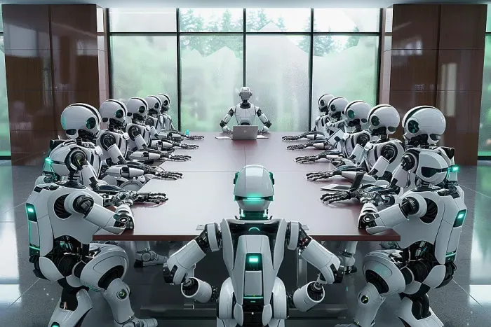 Framed Print : AI generated image of a Group of humanoid cyborgs seated around a big meeting table in a conference room Framed Print : AI generated image of a Group of humanoid cyborgs seated around a big meeting table in a conference room