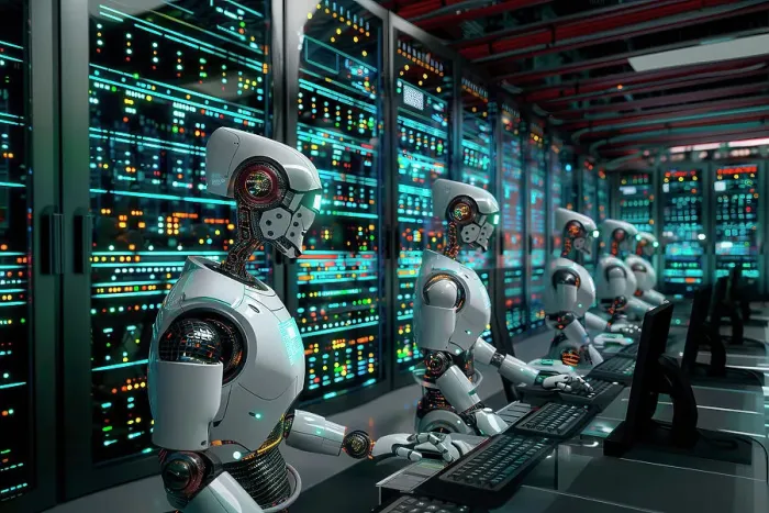 Framed Print : AI generated image of a Group of humanoid robots working on computers in a data center Framed Print : AI generated image of a Group of humanoid robots working on computers in a data center
