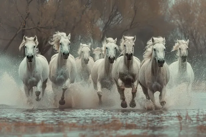 Framed Print : AI generated image of a Group of white horses running in the water Framed Print : AI generated image of a Group of white horses running in the water