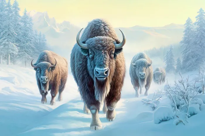 Framed Print : AI generated image of a herd of bison covered with ice walking in snow, Canada, North America Framed Print : AI generated image of a herd of bison covered with ice walking in snow, Canada, North America