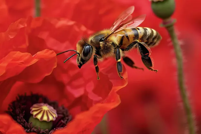 Framed Print : AI generated image of a Honeybee foraging a red poppy Framed Print : AI generated image of a Honeybee foraging a red poppy