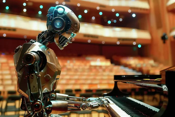 Framed Print : AI generated image of a Humanoid robot playing piano in a concert hall Framed Print : AI generated image of a Humanoid robot playing piano in a concert hall