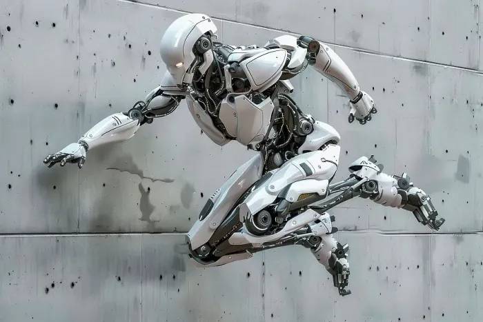 Framed Print : AI generated image of a Humanoid robot practising parkour in an urban environment