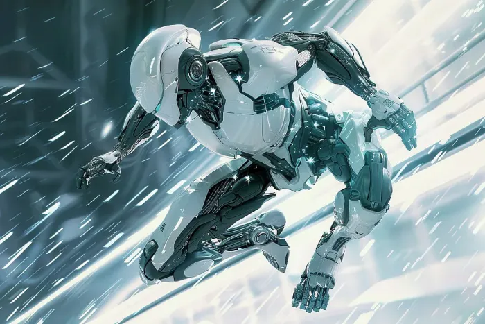 Framed Print : AI generated image of a Humanoid robot running and jumping over ice Framed Print : AI generated image of a Humanoid robot running and jumping over ice