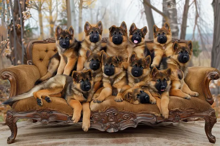 Framed Print : AI generated image of a Litter of German Shepherd dogs seated on a sofa Framed Print : AI generated image of a Litter of German Shepherd dogs seated on a sofa