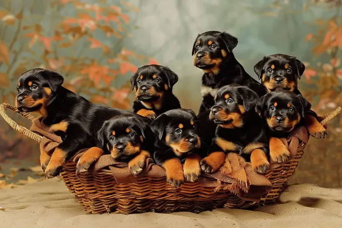 Framed Print : AI generated image of a Litter of rottweilers lying down in a wicker basket