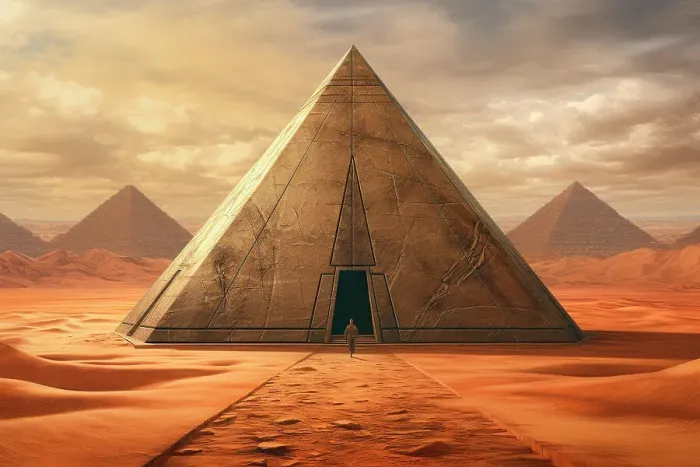 Framed Print : AI generated image of a Pyramids in the desert, Symbol of the life after death and embodying the union of earth and heaven Framed Print : AI generated image of a Pyramids in the desert, Symbol of the life after death and embodying the union of earth and heaven