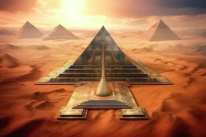 Framed Print : AI generated image of a Pyramids in the desert, Symbol of the life after death and embodying the union of earth and heaven Framed Print : AI generated image of a Pyramids in the desert, Symbol of the life after death and embodying the union of earth and heaven