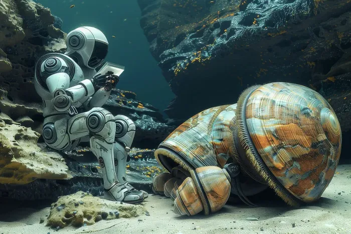 Framed Print : AI generated image of a Robot collecting samples of giant mussels and tubeworms in the deep sea Framed Print : AI generated image of a Robot collecting samples of giant mussels and tubeworms in the deep sea