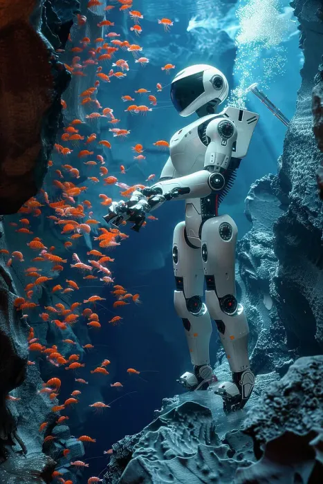 Framed Print : AI generated image of a Robot studying swarm of shrimps in a deep sea canyon with hydrothermal vents Framed Print : AI generated image of a Robot studying swarm of shrimps in a deep sea canyon with hydrothermal vents