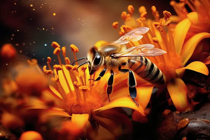 Framed Print : AI generated image of a Stylized Honeybee foraging flowers
