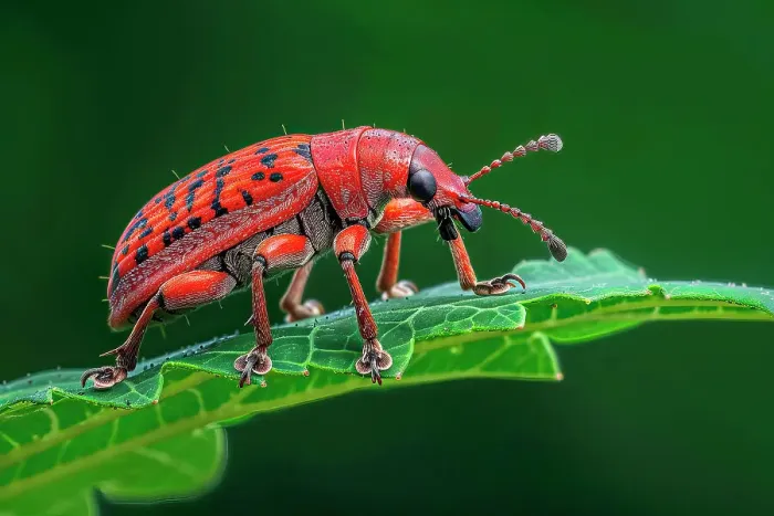 Framed Print : AI generated image of a Stylized red giraffe weevil on a green leaf Framed Print : AI generated image of a Stylized red giraffe weevil on a green leaf