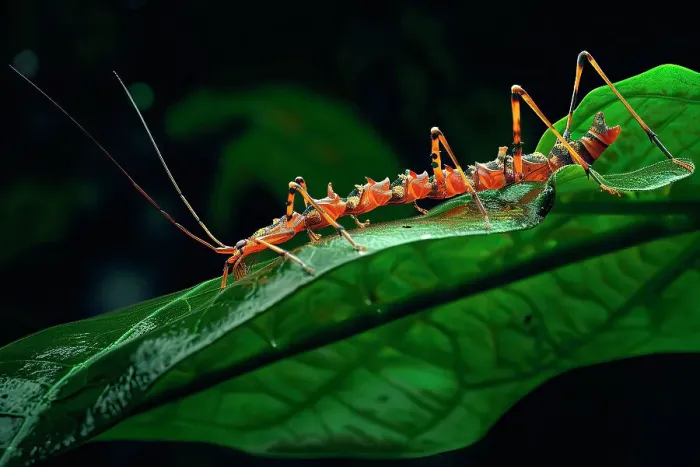 Framed Print : AI generated image of a Stylized red stick insect on a green leaf Framed Print : AI generated image of a Stylized red stick insect on a green leaf