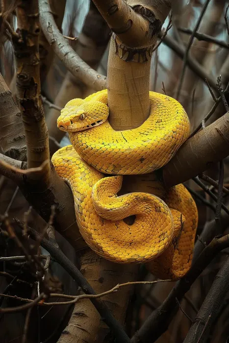 Framed Print : AI generated image of a Stylized yellow tree snake wrapped around branches Framed Print : AI generated image of a Stylized yellow tree snake wrapped around branches