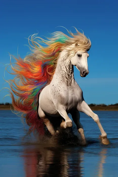 Framed Print : AI generated image of White horse with a flamboyant mane galloping in the water Framed Print : AI generated image of White horse with a flamboyant mane galloping in the water