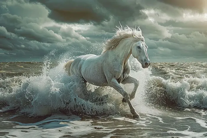 Framed Print : AI generated image of a White horse running in the sea Framed Print : AI generated image of a White horse running in the sea