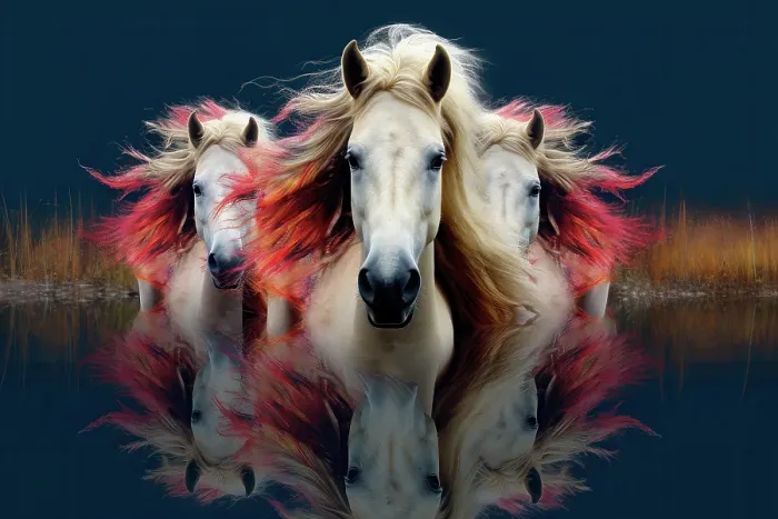 Framed Print : AI generated image of White horses with flamboyant mane reflecting in the water of an imaginary pond with reddish vegetation Framed Print : AI generated image of White horses with flamboyant mane reflecting in the water of an imaginary pond with reddish vegetation