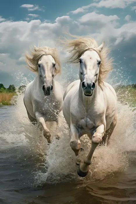Framed Print : AI generated image of Two white horses running in the water Framed Print : AI generated image of Two white horses running in the water