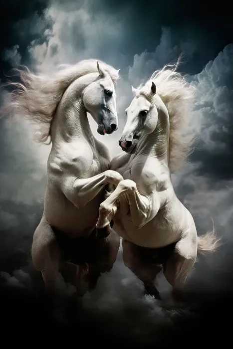 Framed Print : AI generated image of White stallion horses fighting on the beach Framed Print : AI generated image of White stallion horses fighting on the beach
