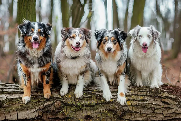 Framed Print : AI generated image of young Australian shepherd dogs seated on tree trunk Framed Print : AI generated image of young Australian shepherd dogs seated on tree trunk