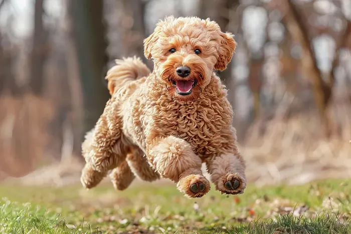 Framed Print : AI generated image of a Young goldendoodle pup running and springing in the grass Framed Print : AI generated image of a Young goldendoodle pup running and springing in the grass