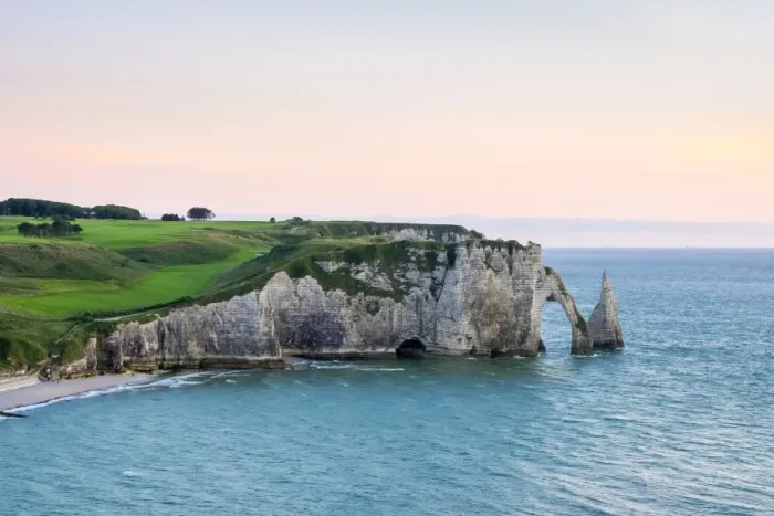 Framed Print : Aiguille d Etretat, stone arch on the coast of the English Channel at sunset, Etretat