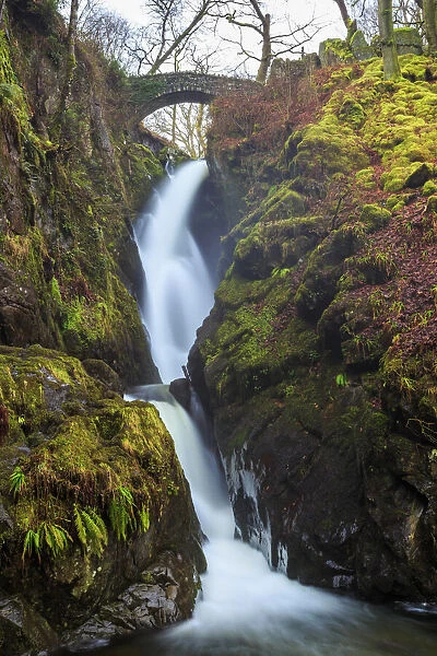 Aira Force waterfall in winter, near Dockray, Lake District National Park, Cumbria