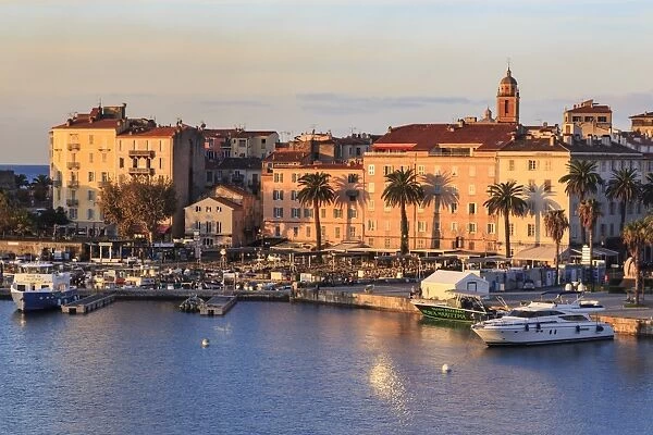 Ajaccio waterfront at sunrise, from the sea, Island of Corsica, Mediterranean, France
