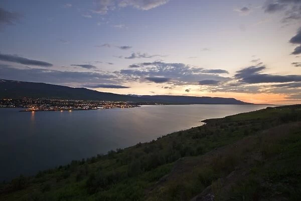 Akureyri, the largest city in north Iceland at night, Iceland, Polar Regions