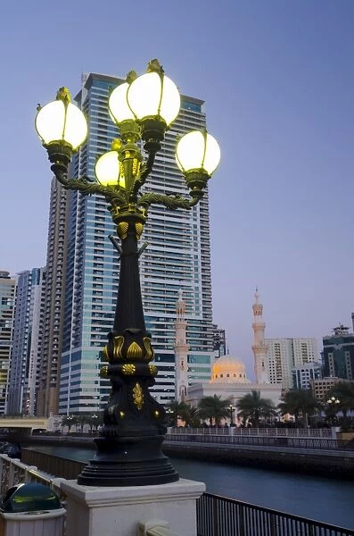 Al Qasba Mosque beside Al Qasba Canal, Sharjah, United Arab Emirates, Middle East