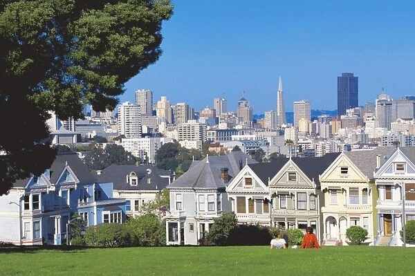 Alamo Square, with city skyline in background, San Francisco, California