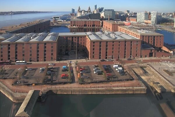Albert Dock and Mersey skyline from big wheel, Liverpool, Merseyside, England, United Kingdom, Europe