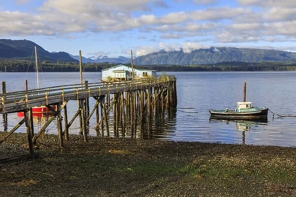 Alert Bay, boats, old dock building and jetty on piles, Vancouver Island, Inside Passage