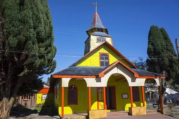 All wood church in the fishing village of Quemchi, island of Chiloe, Chile, South America