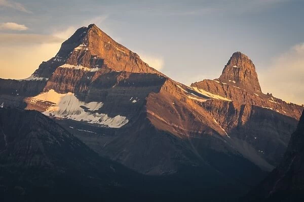 Alpenglow on Mount Christie and Brussels Peak at sunset, Jasper National Park, UNESCO