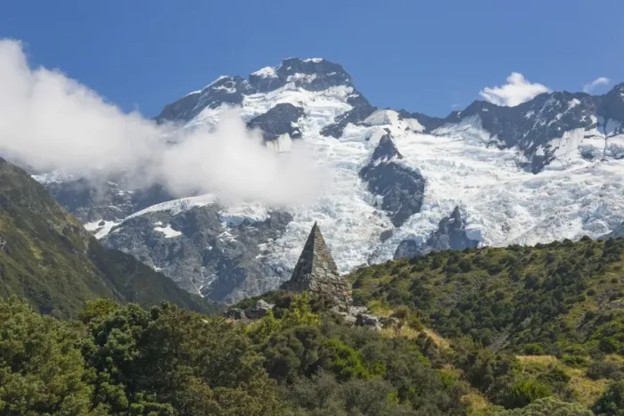 Framed Print : Alpine memorial dwarfed by Mount Sefton, Aoraki (Mount Cook National Park, UNESCO Framed Print : Alpine memorial dwarfed by Mount Sefton, Aoraki (Mount Cook National Park, UNESCO
