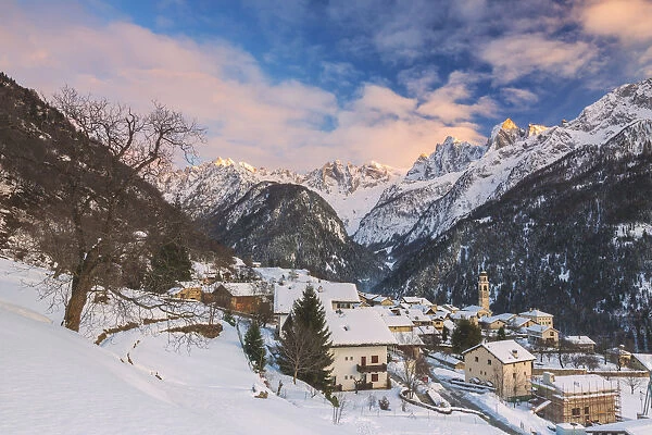 Alpine village of Soglio covered with snow, Bregaglia Valley, Maloja Region, Canton of Graubunden