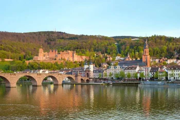 Framed Print : Alte Brucke (Old Bridge) and buildings in the Altstadt (Old Town) on the Neckar River