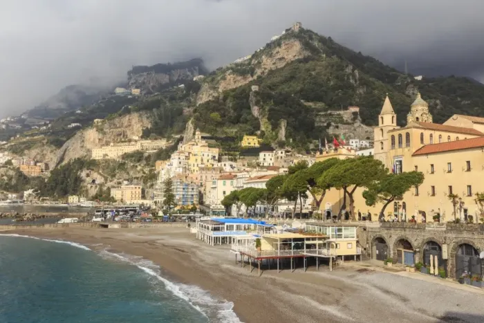 Framed Print : Amalfi waterfront in spring sun, with mist shrouded mountains, Amalfi Coast, UNESCO Framed Print : Amalfi waterfront in spring sun, with mist shrouded mountains, Amalfi Coast, UNESCO