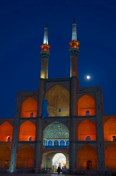 Amir Chakhmagh Complex floodlit with moon, Yazd, Iran, Middle East