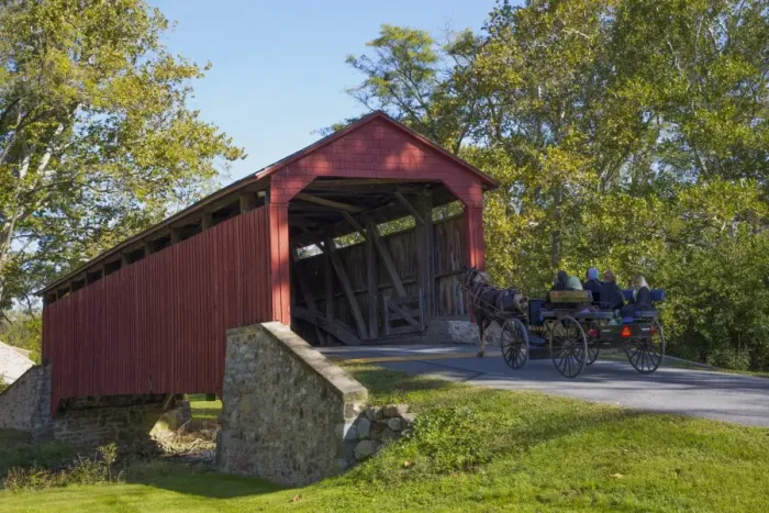Framed Print : Amish Horse-drawn Buggy, Pool Forge Covered Bridge, built in 1859, Lancaster County Framed Print : Amish Horse-drawn Buggy, Pool Forge Covered Bridge, built in 1859, Lancaster County