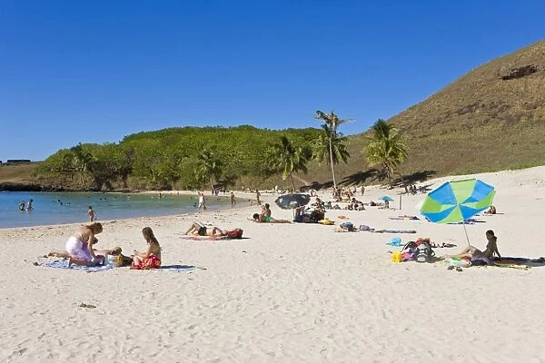 Anakena beach, the Islands white sand beach fringed by palm trees