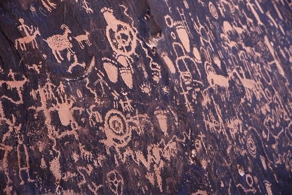 Ancient American Indian petroglyphs at Newspaper Rock, Indian Creek, Canyonlands National Park