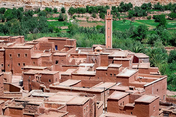 Ancient buildings of a Berber village framed by palm tree groves, Ounila Valley, Atlas mountains, Ouarzazate province, Morocco, North Africa, Africa