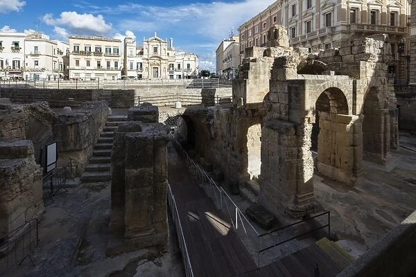 Ancient builldings and Roman ruins in the old town, Lecce, Apulia, Italy, Europe