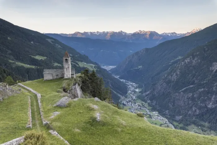 Framed Print : Ancient church at sunrise, San Romerio Alp, Brusio, Canton of Graubunden, Poschiavo Valley Framed Print : Ancient church at sunrise, San Romerio Alp, Brusio, Canton of Graubunden, Poschiavo Valley