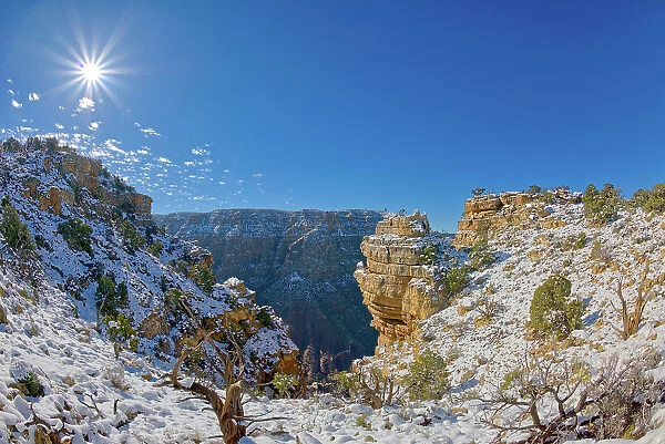 Ancient Indian ruins on a small rock island just right of center along the Palisades of the Desert at Grand Canyon, UNESCO World Heritage Site, Arizona, United States of America, North America