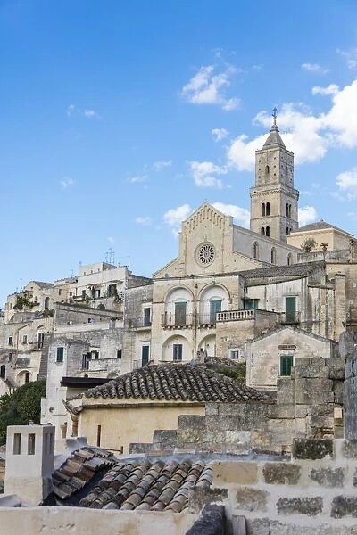 The ancient Matera Cathedral in the historical center called Sassi perched on rocks on top of hill