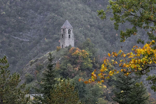The ancient medieval tower of Rocca Corneta on the top of a hill in autumn, Emilia Romagna, Italy, Europe